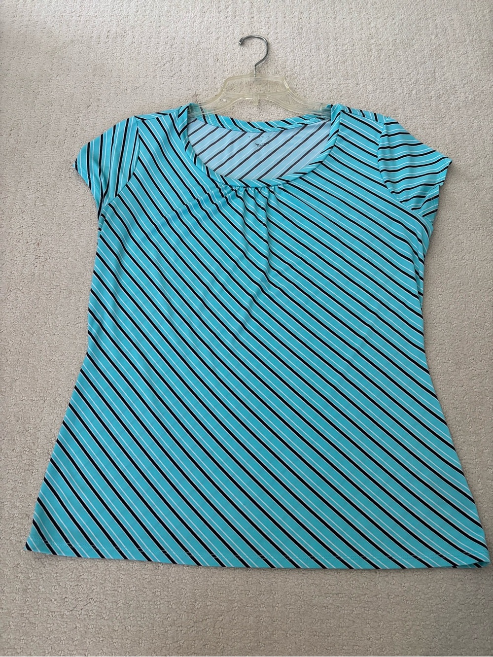 Worthington Women’s Turquoise Black White Striped Short Sleeve Top Size Large